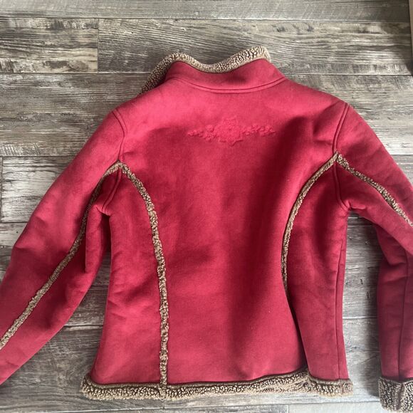 LL Bean Suede Jacket Sherpa Lined Floral Design Womens Size Medium‎ Red Coat - Picture 9 of 9